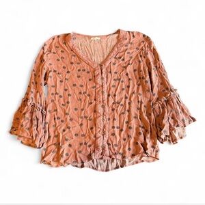 Maurices Peach Floral Blouse with Ruffle Sleeves